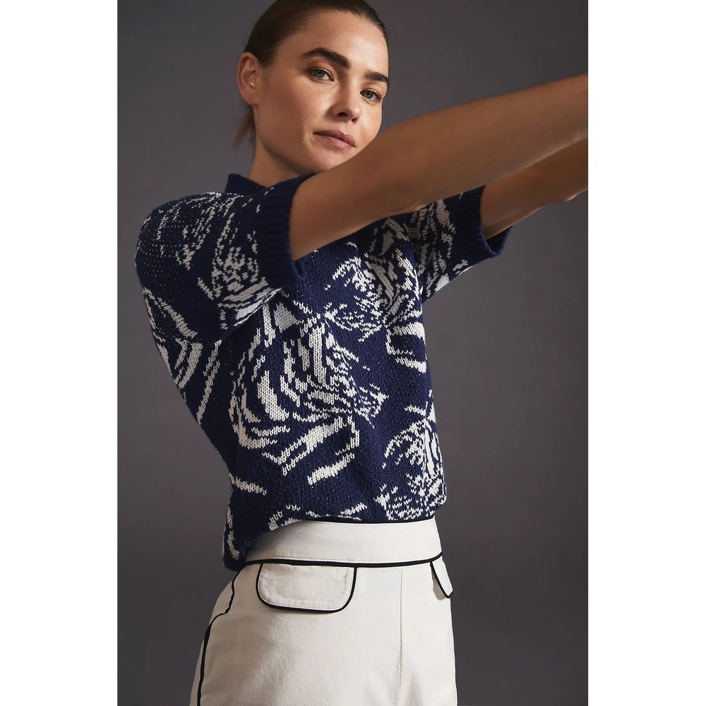Maeve Anthropologie Divendra Tiger Mock Neck Short Sleeve Sweater Navy Blue S